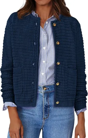 BTFBM Women Cardigan Sweaters Fall Fashion 2024 Button Down Long Sleeve Chunky Knit Open Front Tweed Jacket Outerwear