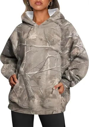 Camo Hoodie Womens Trendy Maple Leaf Print Oversized Pullover Hooded Sweatshirts with Kangaroo Pocket Tops