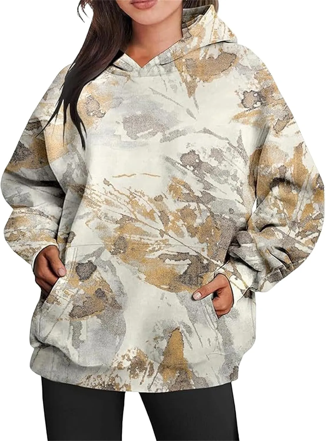 Camo Hoodie Womens Trendy Maple Leaf Print Oversized Pullover Hooded Sweatshirts with Kangaroo Pocket Tops