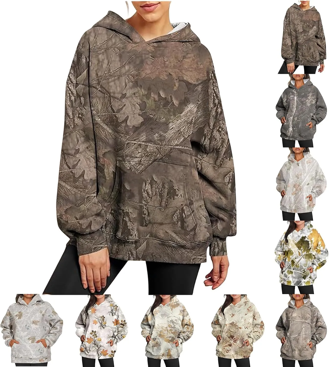Camo Hoodie Womens Trendy Maple Leaf Print Oversized Pullover Hooded Sweatshirts with Kangaroo Pocket Tops