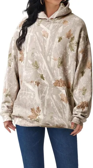 Camo Hoodie Womens Trendy Oversized Hooded Sweatshirt Maple Leaf Print Color Block Pullover Sweatshirts