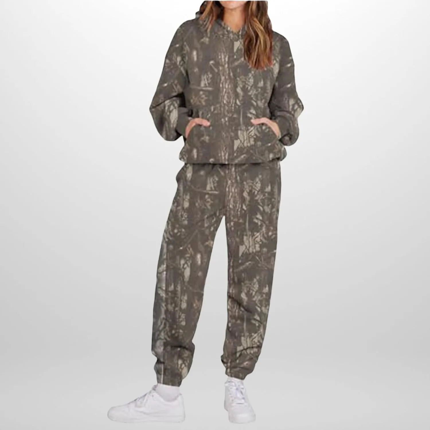 Camo Sweatsuits for Women Set 2 Piece Maple Leaf Print Oversized Sweatshirt Camo Hoodies Sweater Sweatpants Sets