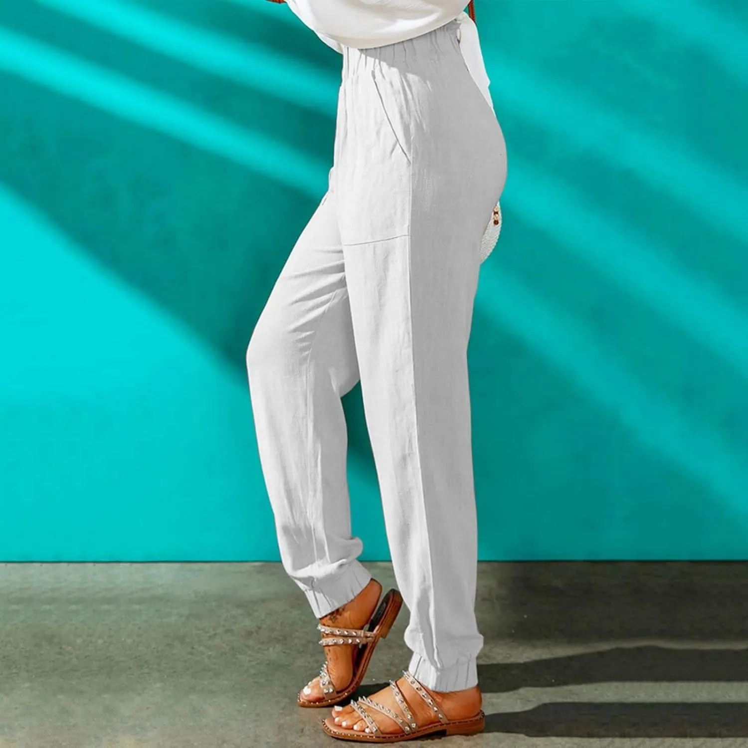 Canbebig Women's Elastic High Waist Cotton Linen Pants Solid Ruffled Long Palazzo Pants Casual Loose Trousers with Pockets