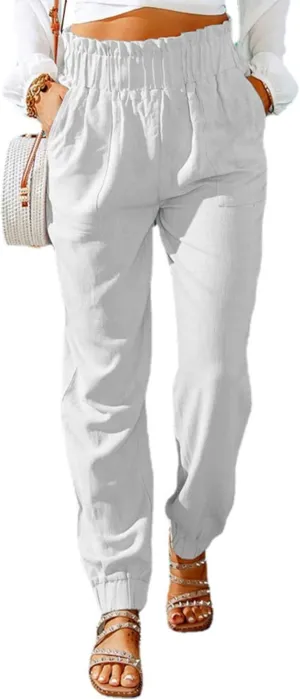Canbebig Women's Elastic High Waist Cotton Linen Pants Solid Ruffled Long Palazzo Pants Casual Loose Trousers with Pockets