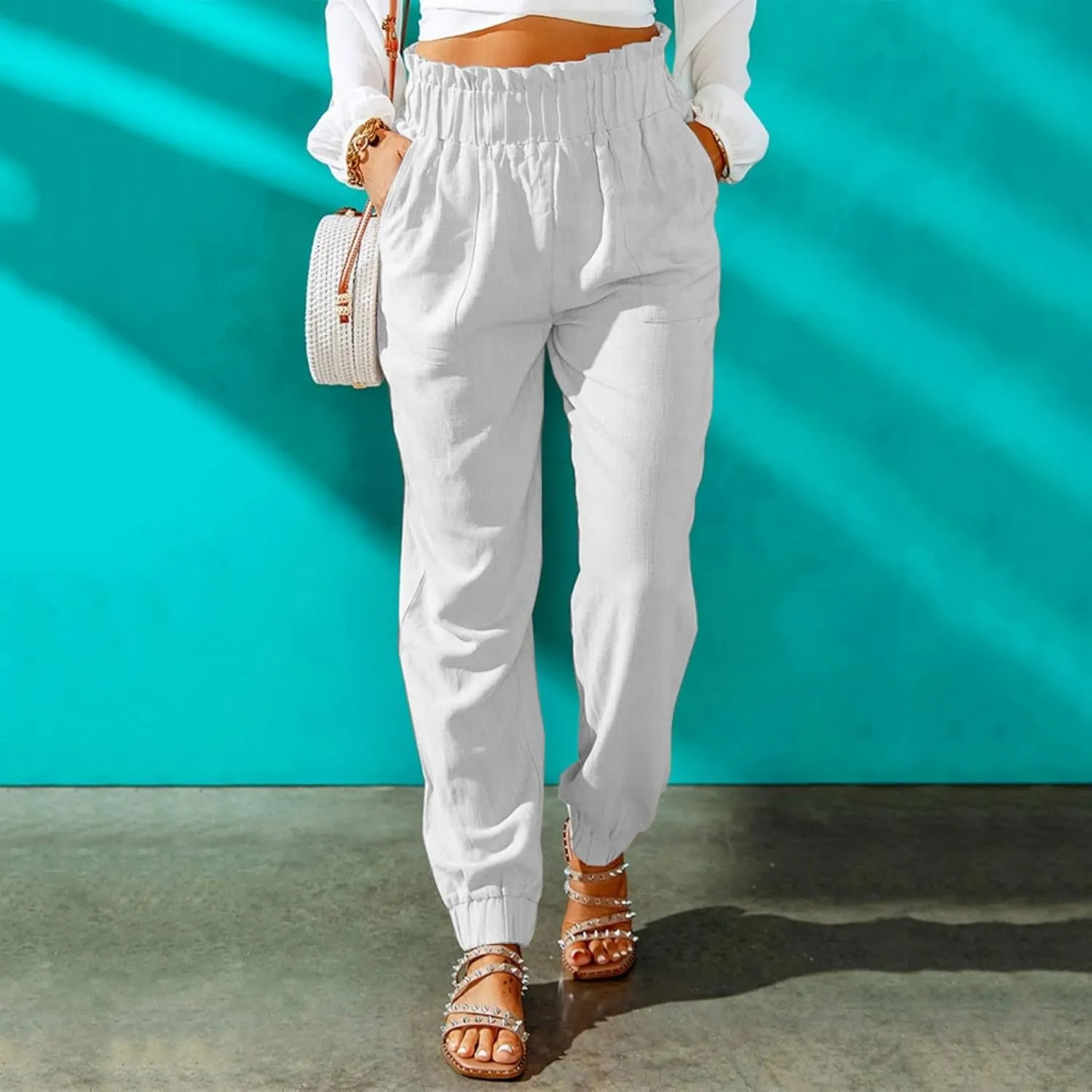 Canbebig Women's Elastic High Waist Cotton Linen Pants Solid Ruffled Long Palazzo Pants Casual Loose Trousers with Pockets