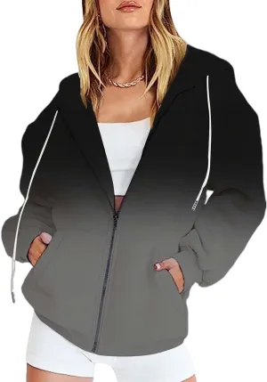 Canbebig Womens Zip Up Y2K Hoodies Long Sleeve Fall Oversized Hooded Sweatshirts Casual Loose Jacket Teen Girl Coat