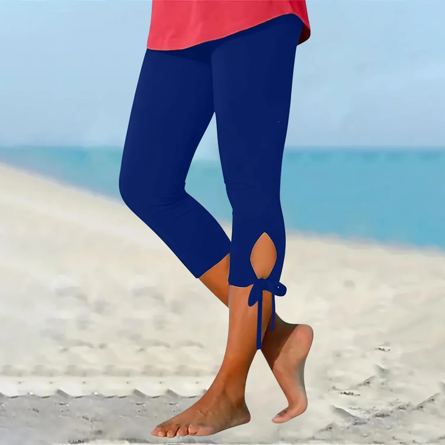 Capri Leggings For Women Knee Length Workout Cropped Pants Hollow/Lace Patchwork High Waist Trendy Petite Trousers