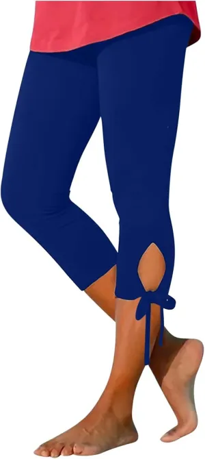 Capri Leggings For Women Knee Length Workout Cropped Pants Hollow/Lace Patchwork High Waist Trendy Petite Trousers