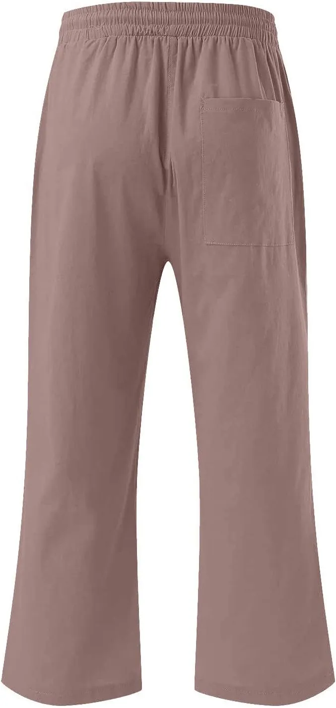 Capri Linen Pants for Women Trendy Wide Leg Palazzo Pant Summer Flowy Beach Pant Drawstring High Waist Casual Trousers