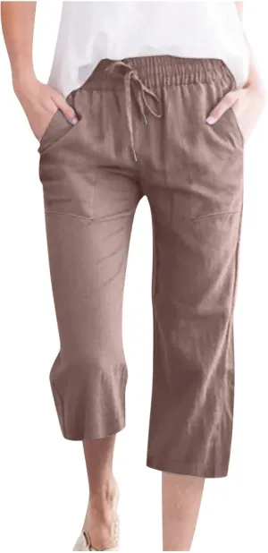 Capri Linen Pants for Women Trendy Wide Leg Palazzo Pant Summer Flowy Beach Pant Drawstring High Waist Casual Trousers