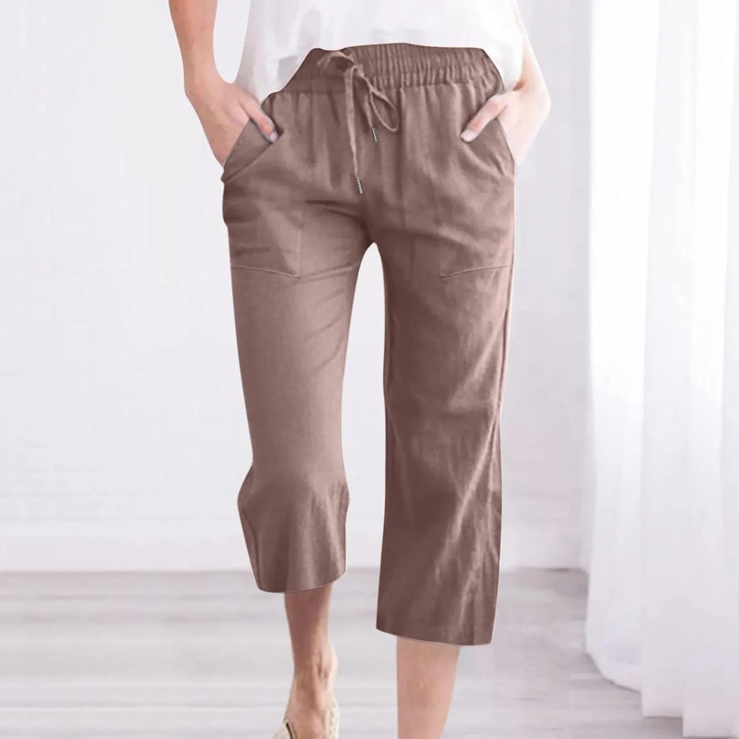 Capri Linen Pants for Women Trendy Wide Leg Palazzo Pant Summer Flowy Beach Pant Drawstring High Waist Casual Trousers