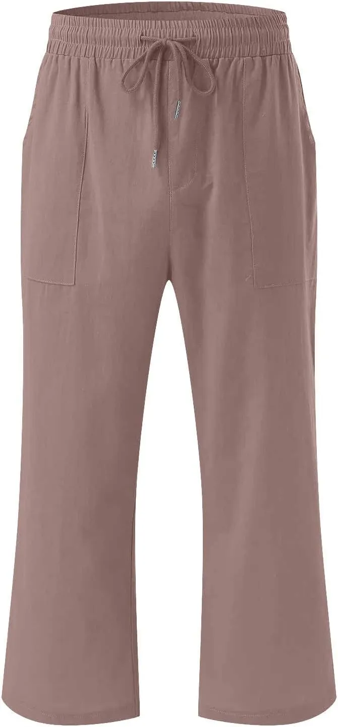 Capri Linen Pants for Women Trendy Wide Leg Palazzo Pant Summer Flowy Beach Pant Drawstring High Waist Casual Trousers