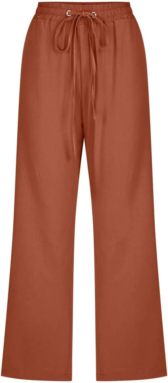 Capri Pants for Women Casual Summer Cotton Linen Cropped Pant Elastic High Waist Capris Straight Leg Lounge Trouser