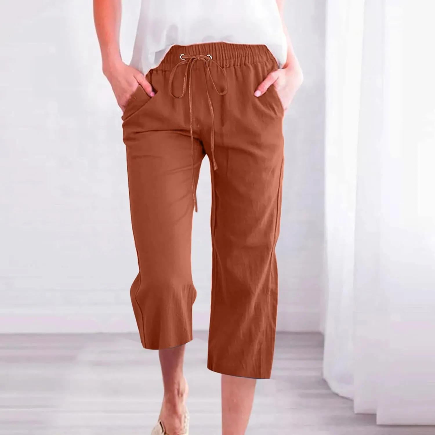 Capri Pants for Women Casual Summer Cotton Linen Cropped Pant Elastic High Waist Capris Straight Leg Lounge Trouser
