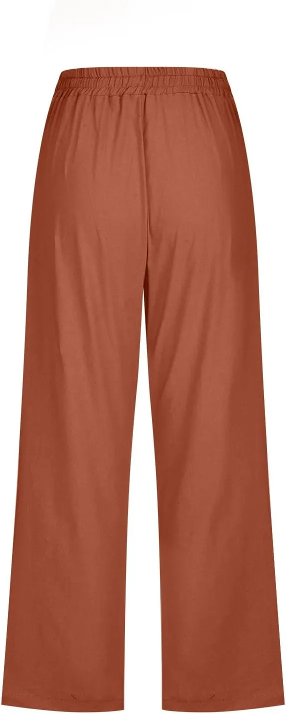 Capri Pants for Women Casual Summer Cotton Linen Cropped Pant Elastic High Waist Capris Straight Leg Lounge Trouser