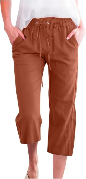Capri Pants for Women Casual Summer Cotton Linen Cropped Pant Elastic High Waist Capris Straight Leg Lounge Trouser