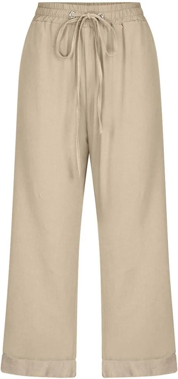 Capri Pants for Women Casual Summer Drawstring Elastic High Waist Linen Pant Straight Wide Leg Cropped Trouser