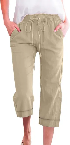 Capri Pants for Women Casual Summer Drawstring Elastic High Waist Linen Pant Straight Wide Leg Cropped Trouser
