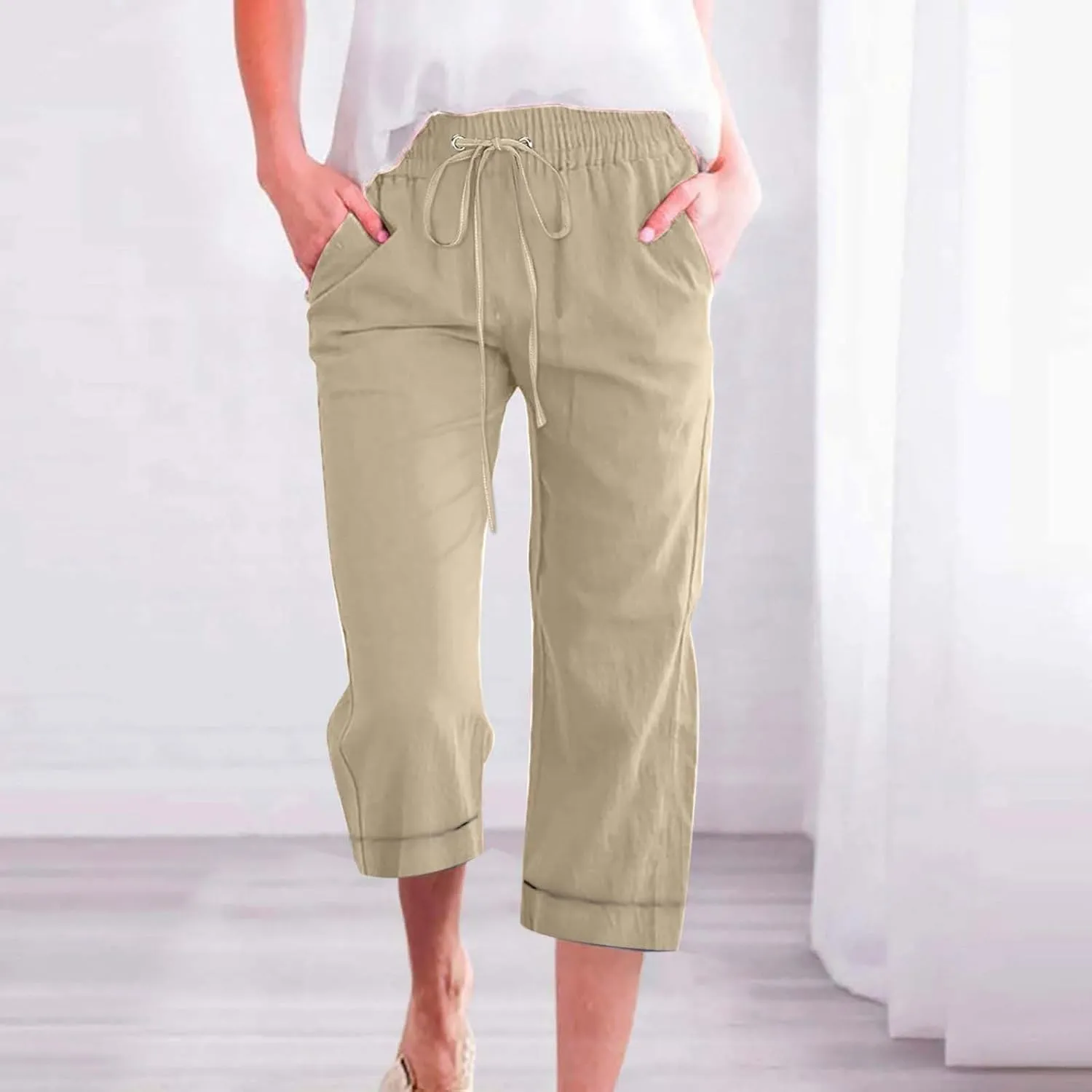 Capri Pants for Women Casual Summer Drawstring Elastic High Waist Linen Pant Straight Wide Leg Cropped Trouser