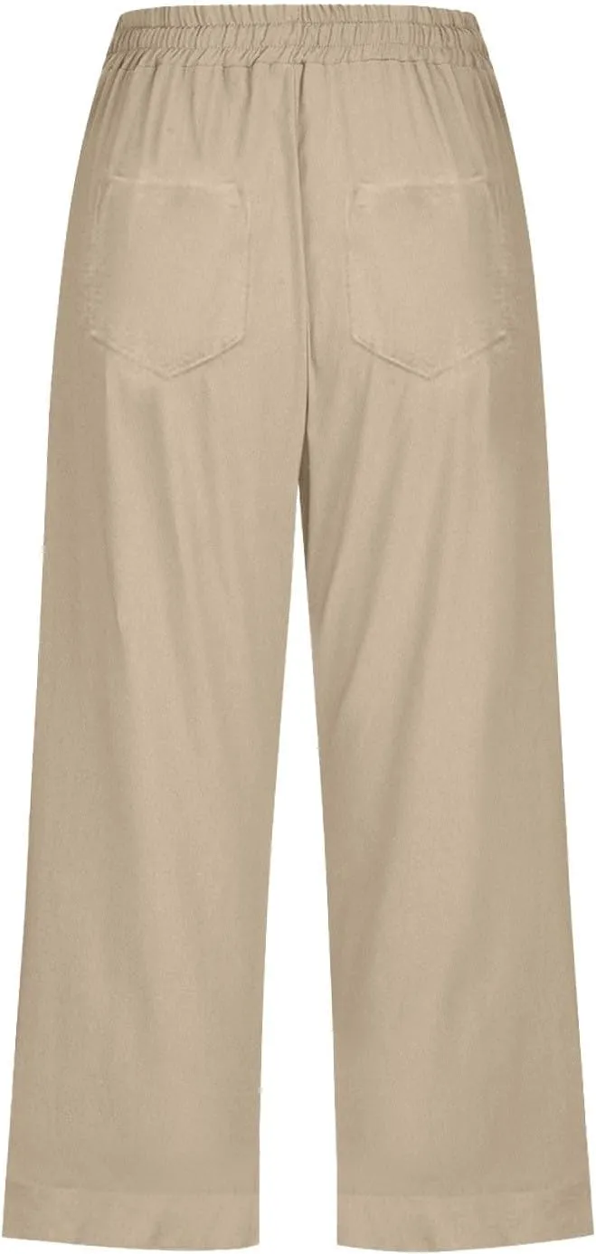 Capri Pants for Women Casual Summer Drawstring Elastic High Waist Linen Pant Straight Wide Leg Cropped Trouser