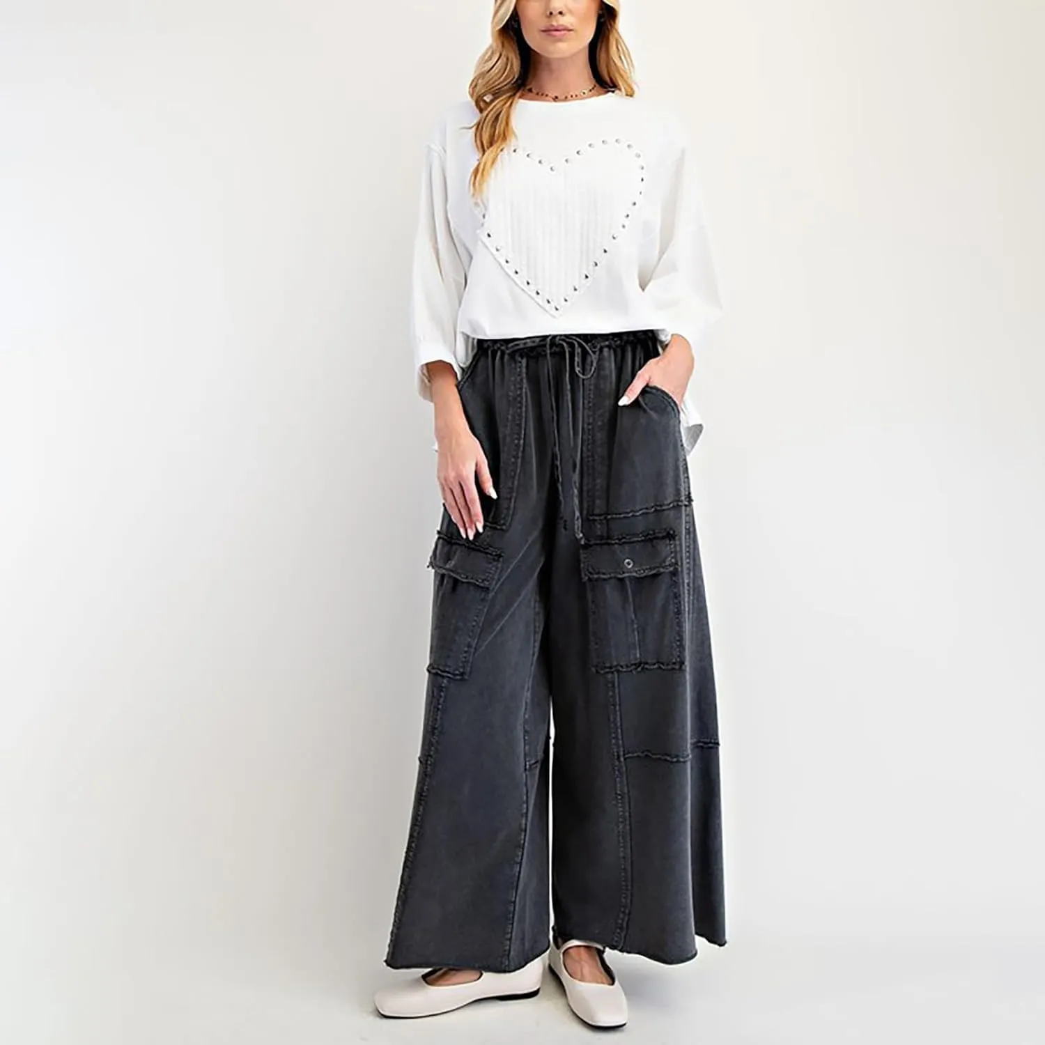 Cargo Jeans for Women Casual Baggy High Waisted Drawstring Wide Leg Jeans Lightweight Flowy Y2K Palazzo Pants with Pockets