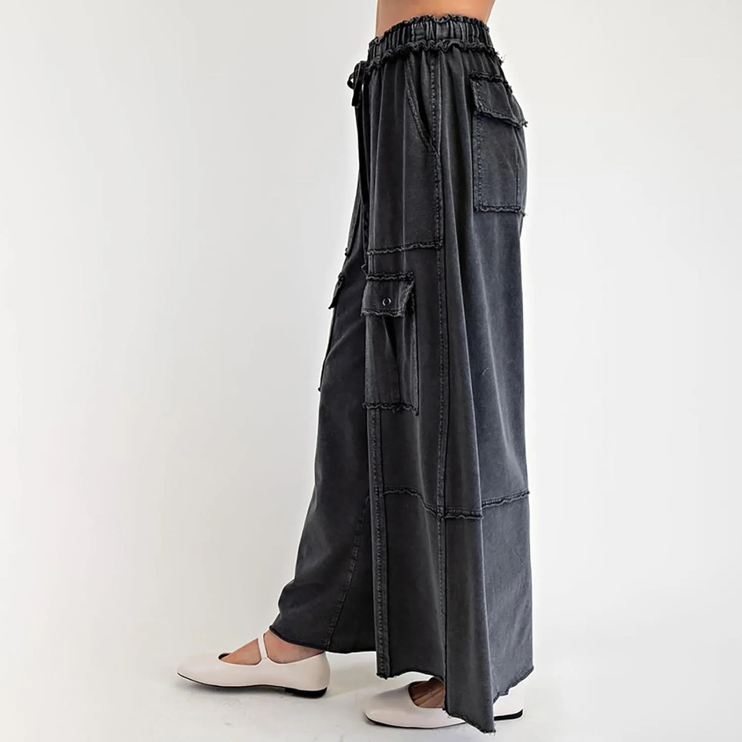 Cargo Jeans for Women Casual Baggy High Waisted Drawstring Wide Leg Jeans Lightweight Flowy Y2K Palazzo Pants with Pockets