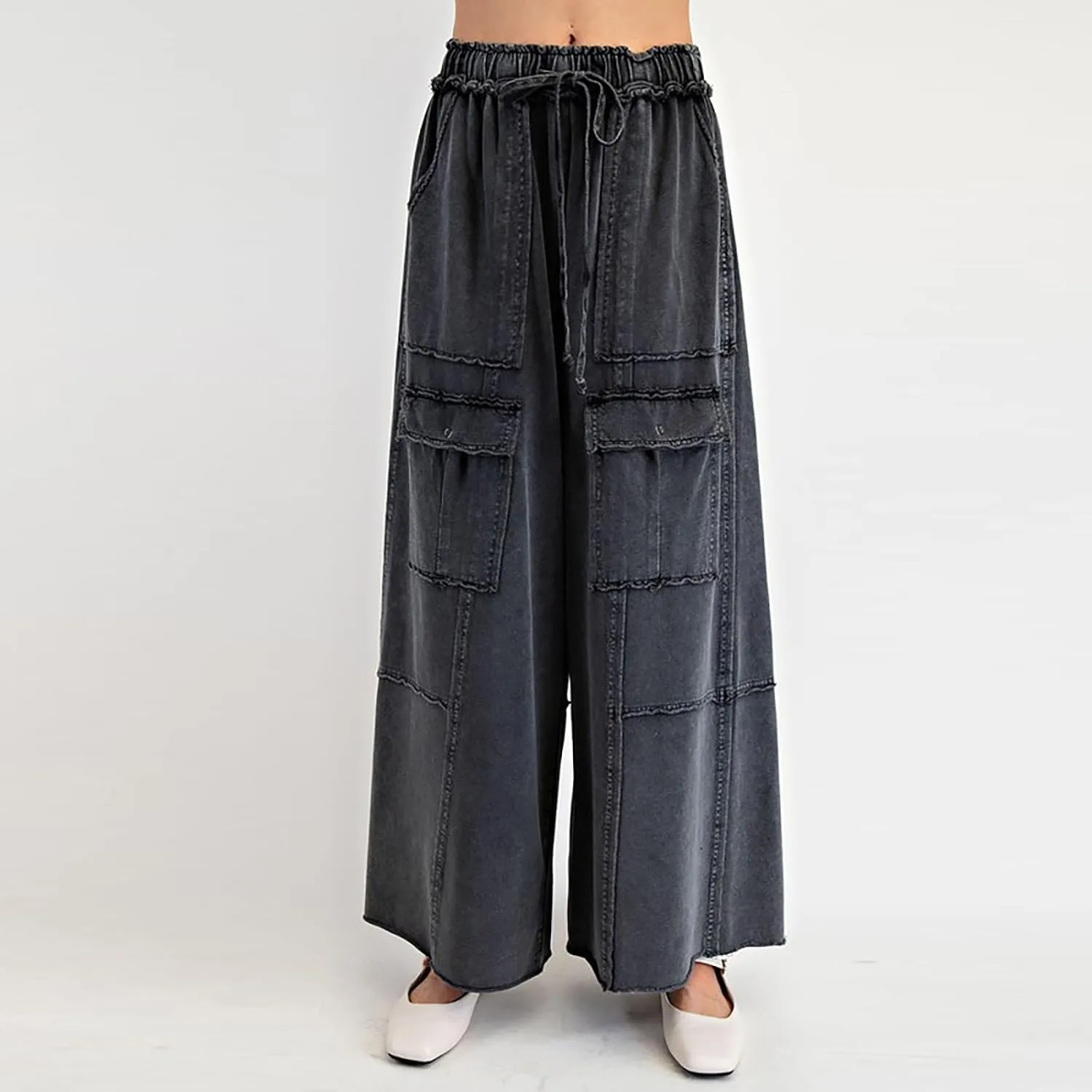 Cargo Jeans for Women Casual Baggy High Waisted Drawstring Wide Leg Jeans Lightweight Flowy Y2K Palazzo Pants with Pockets