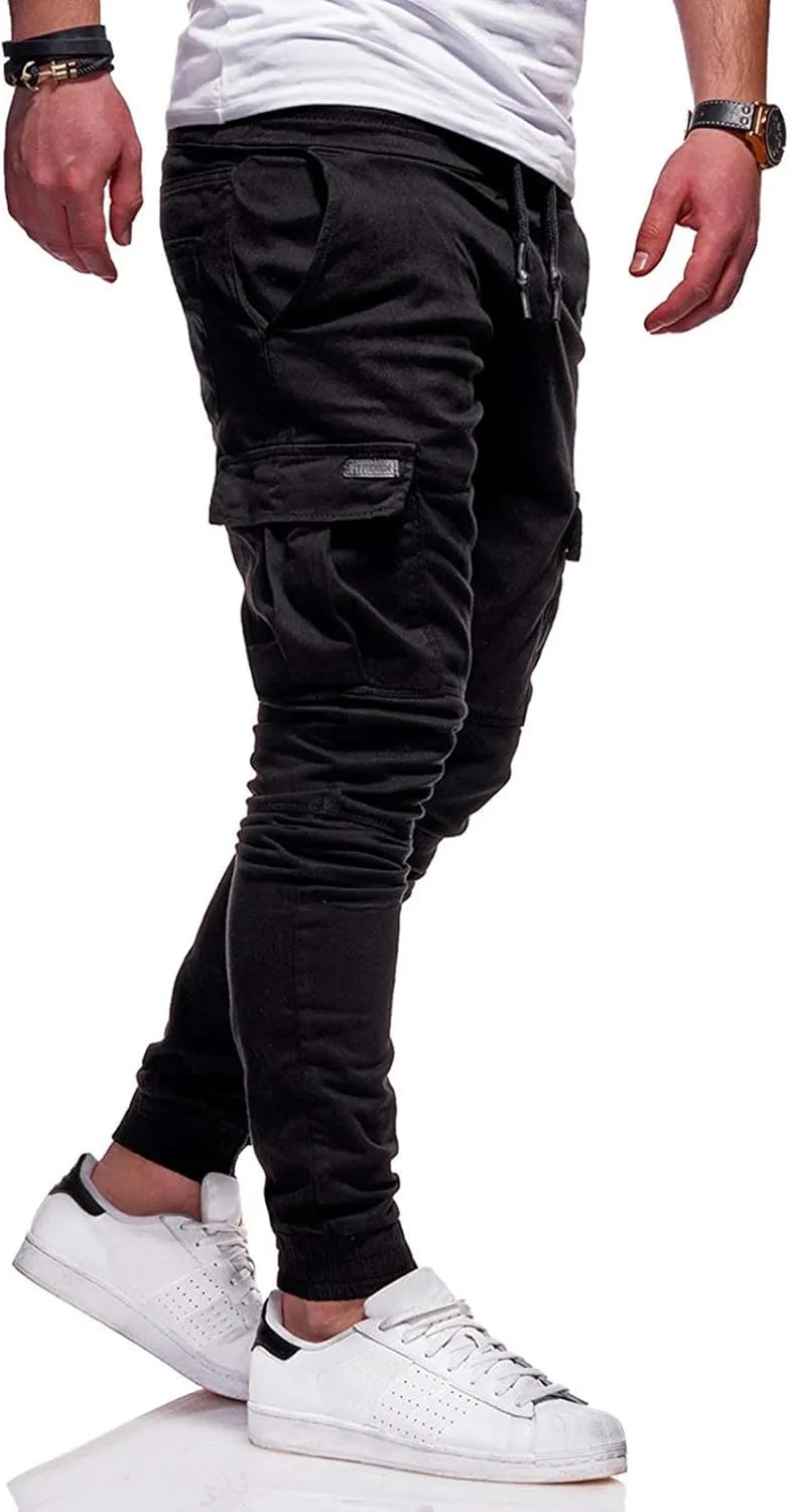 Cargo Pants for Men Drawstring Elastic Waist Casual Sweatpants Slim Fit Athletic Joggers Pants Outdoor Sports Trousers