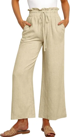 Casual Linen Pants Women Summer Loose Wide Leg Pants Drawstring Elastic Waisted Palazzo Harem Trousers with Pockets