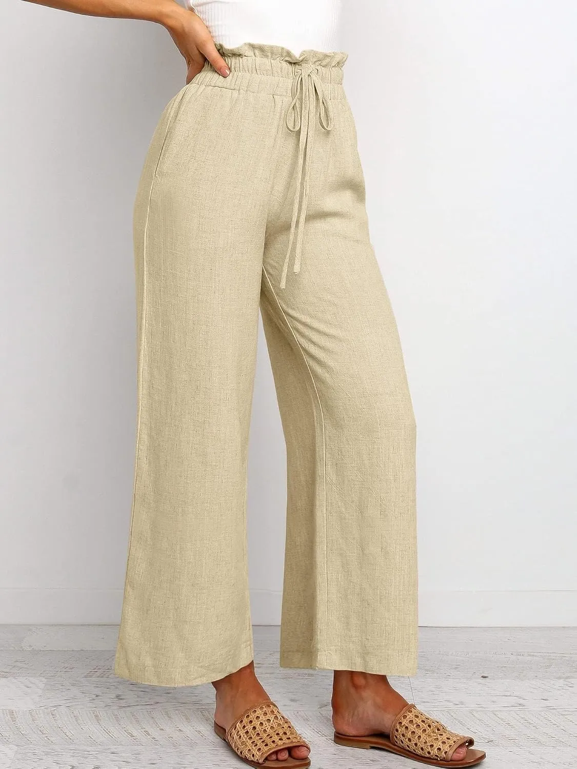 Casual Linen Pants Women Summer Loose Wide Leg Pants Drawstring Elastic Waisted Palazzo Harem Trousers with Pockets
