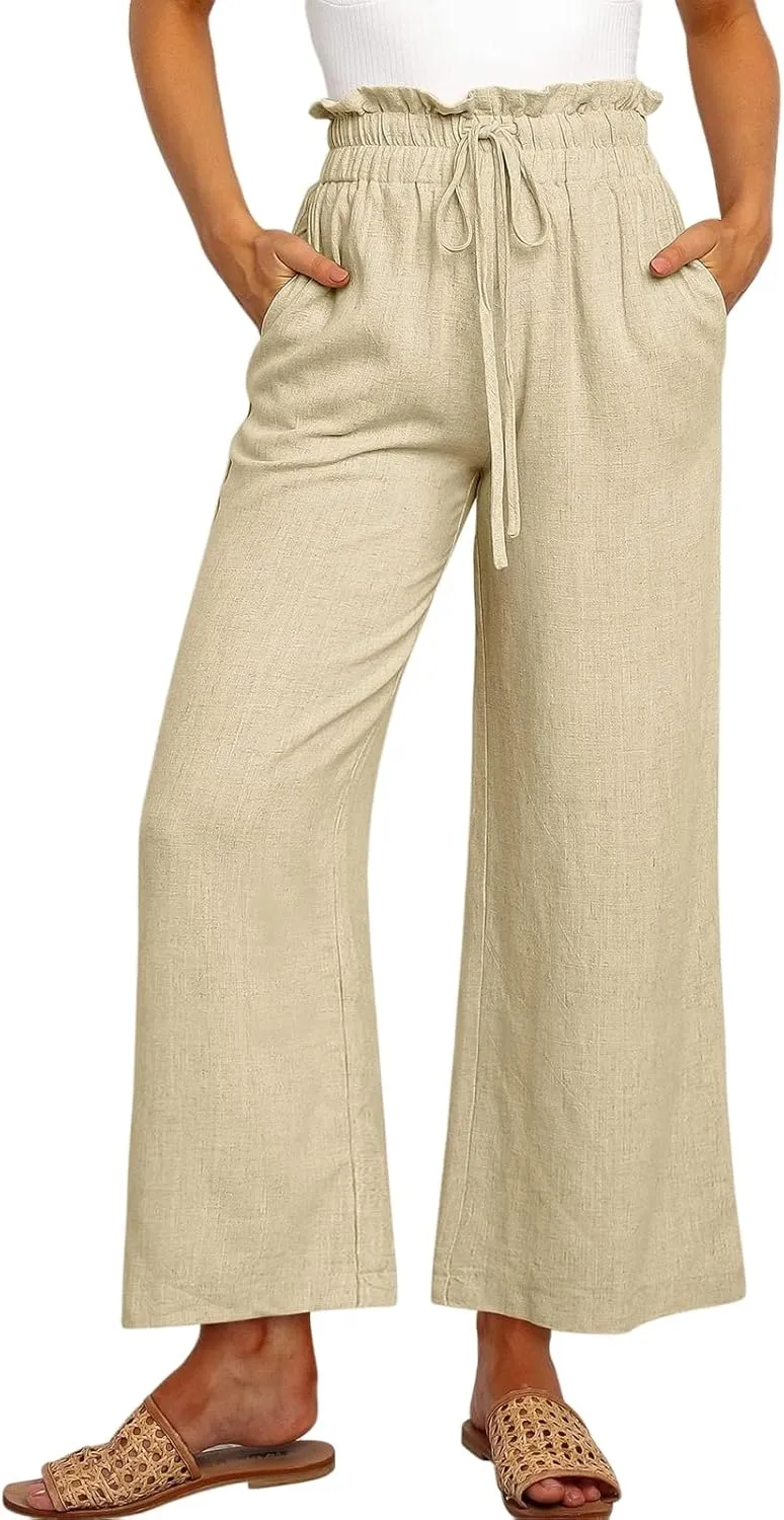 Casual Linen Pants Women Summer Loose Wide Leg Pants Drawstring Elastic Waisted Palazzo Harem Trousers with Pockets