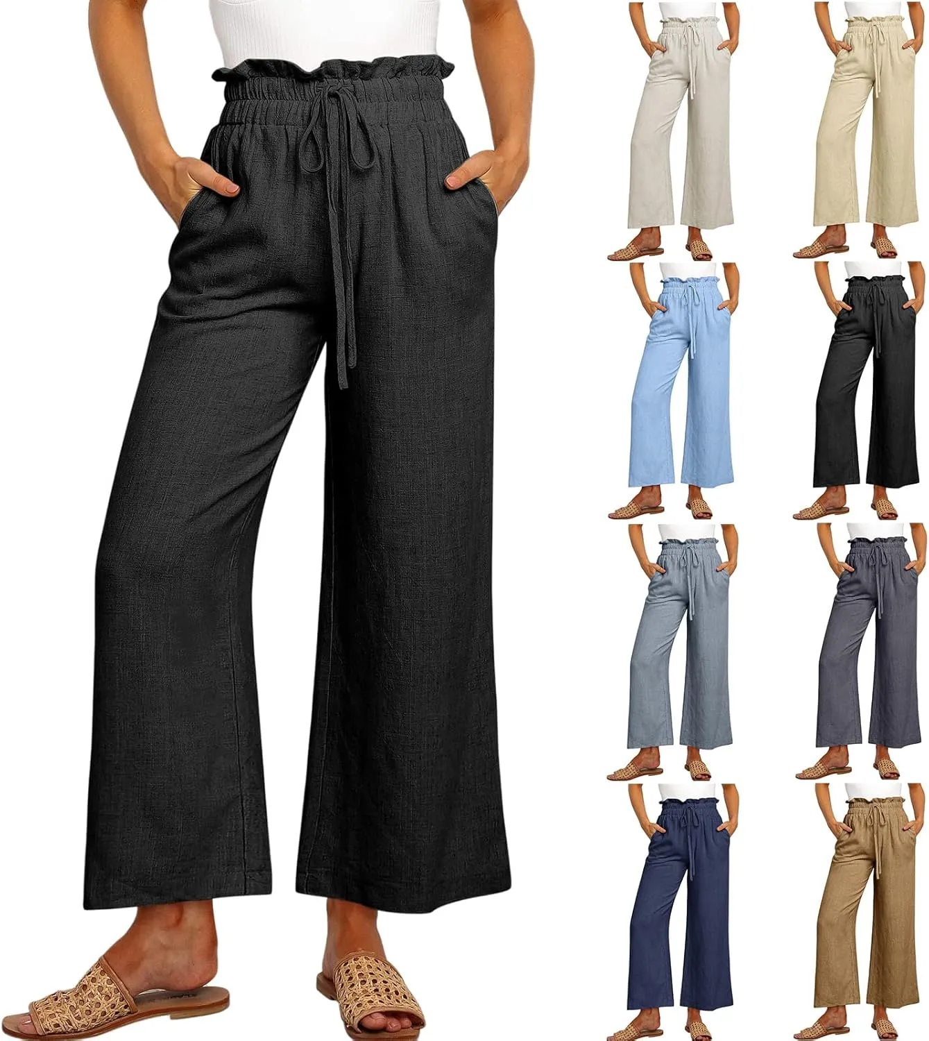 Casual Linen Pants Women Summer Loose Wide Leg Pants Drawstring Elastic Waisted Palazzo Harem Trousers with Pockets