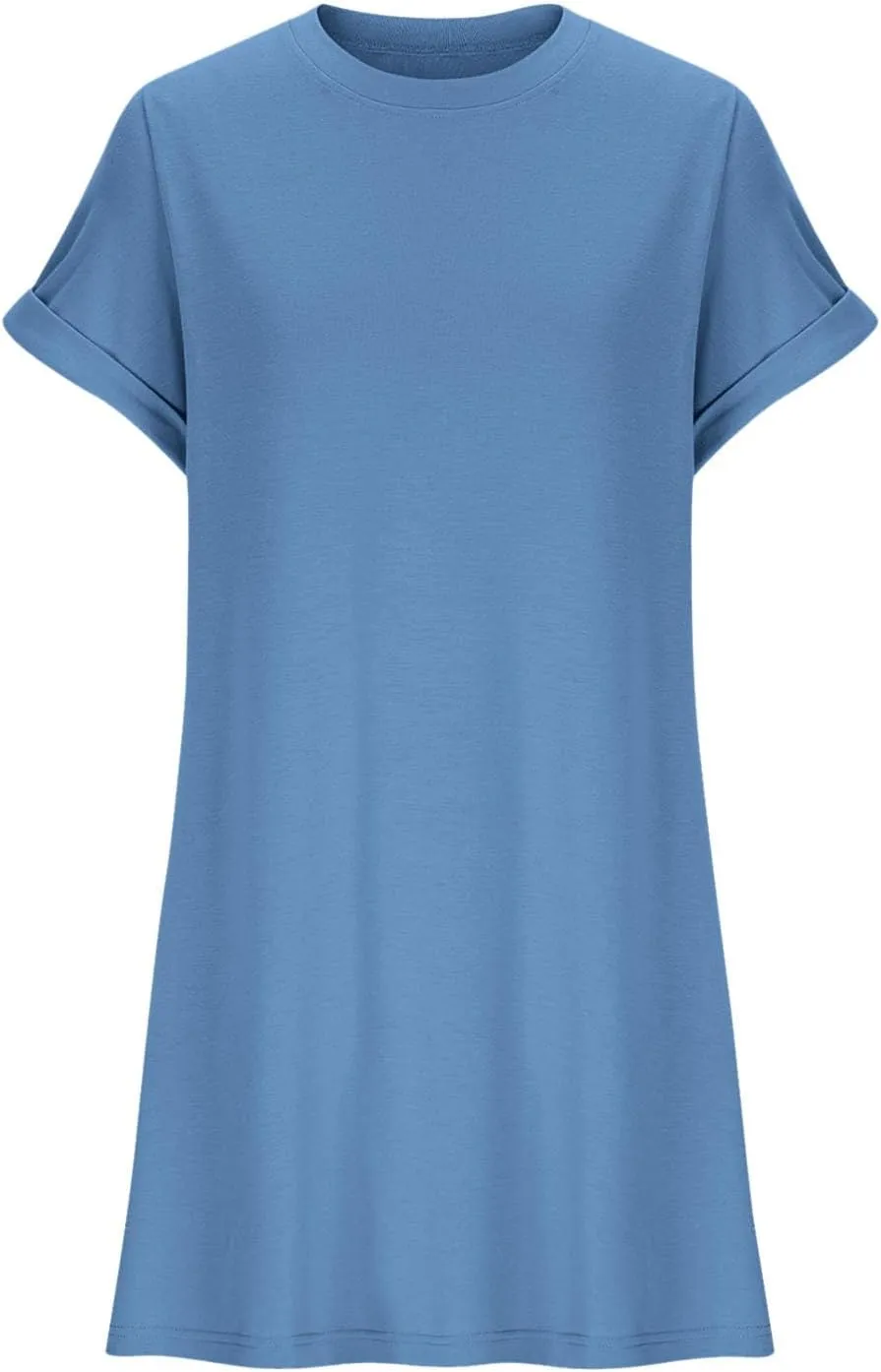 Casual Short Sleeve Tee Dress for Women, Solid Round Neck Mini Dresses Comfy Regular Fit Summer Swing Hem Cute Dress
