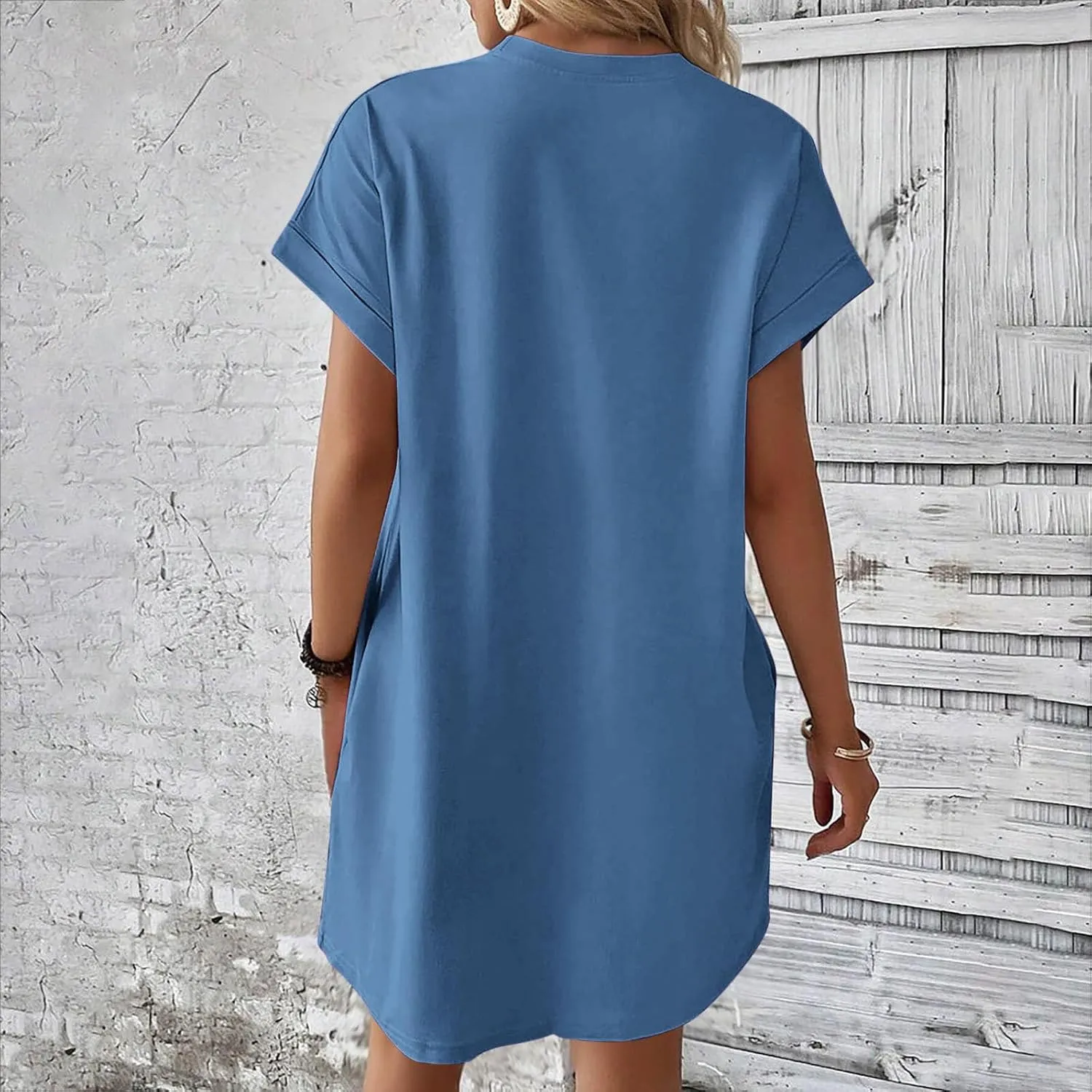 Casual Short Sleeve Tee Dress for Women, Solid Round Neck Mini Dresses Comfy Regular Fit Summer Swing Hem Cute Dress