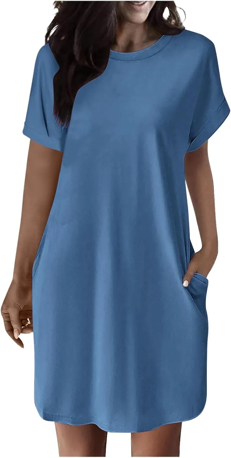 Casual Short Sleeve Tee Dress for Women, Solid Round Neck Mini Dresses Comfy Regular Fit Summer Swing Hem Cute Dress