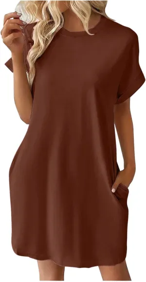 Casual Short Sleeve Tee Dress for Women, Solid Round Neck Mini Dresses Comfy Regular Fit Summer Swing Hem Cute Dress
