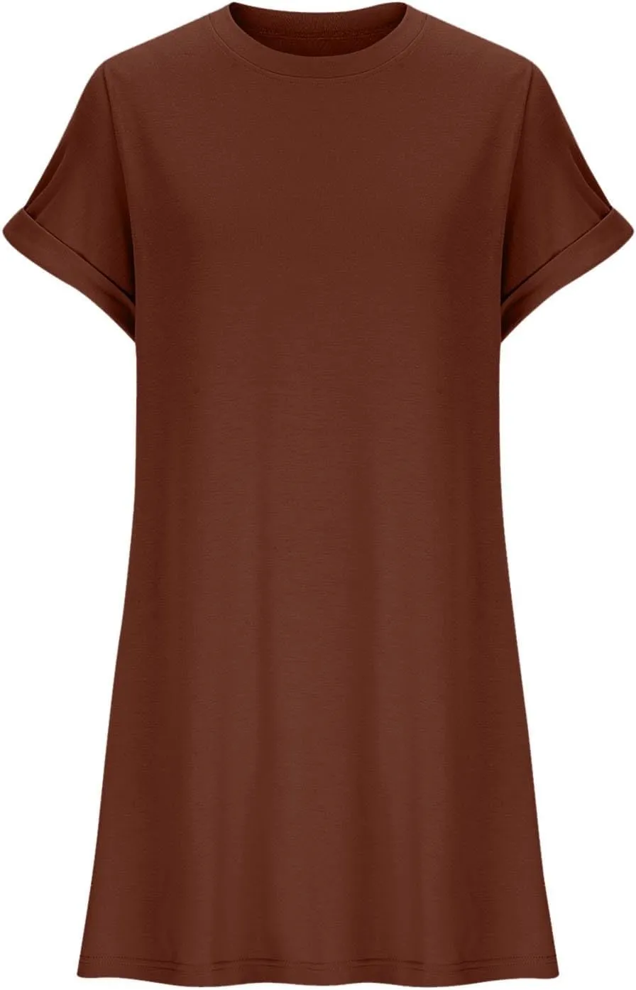 Casual Short Sleeve Tee Dress for Women, Solid Round Neck Mini Dresses Comfy Regular Fit Summer Swing Hem Cute Dress