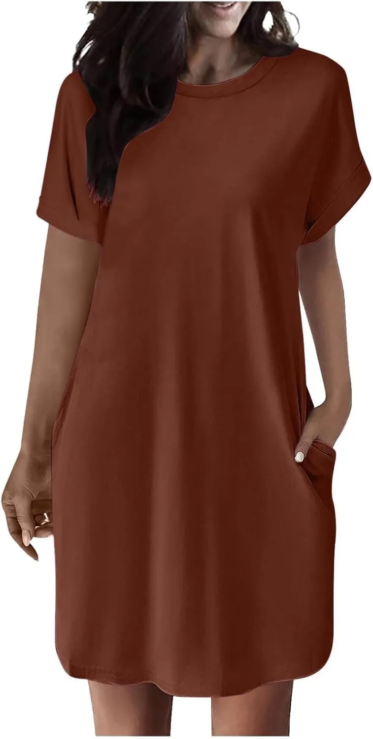 Casual Short Sleeve Tee Dress for Women, Solid Round Neck Mini Dresses Comfy Regular Fit Summer Swing Hem Cute Dress