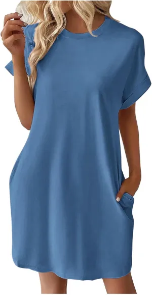 Casual Short Sleeve Tee Dress for Women, Solid Round Neck Mini Dresses Comfy Regular Fit Summer Swing Hem Cute Dress