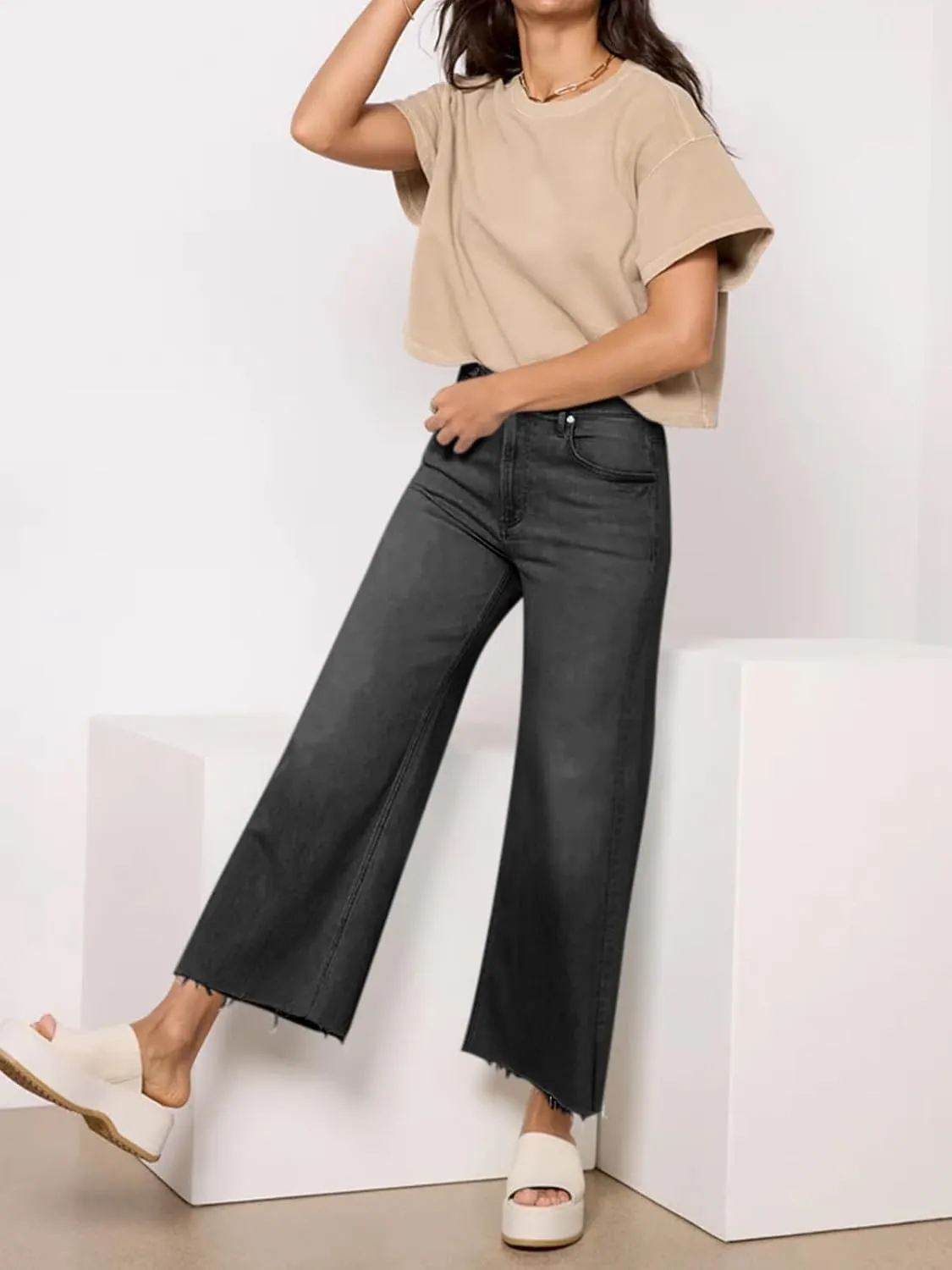 Cicy Bell Womens Cropped Wide Leg Jeans High Waisted Stretchy Flare Jeans Boyfriend Baggy Ankle Denim Pants with Pockets
