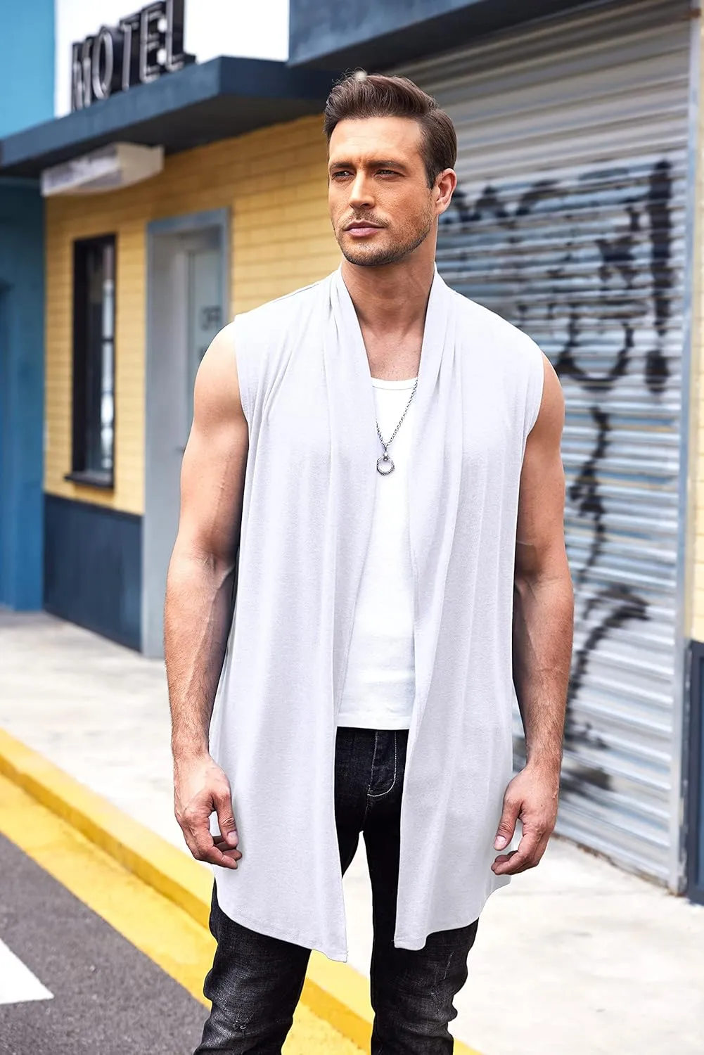 COOFANDY Men's Ruffle Shawl Collar Cardigan Sleeveless Open Front Sleeveless Kimono Vest