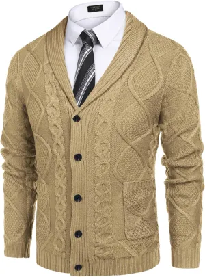 COOFANDY Mens Shawl Collar Cardigan Sweater Slim Fit Button Down Cable Knitted Sweater with Pockets