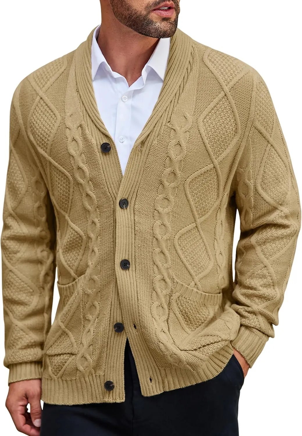 COOFANDY Mens Shawl Collar Cardigan Sweater Slim Fit Button Down Cable Knitted Sweater with Pockets