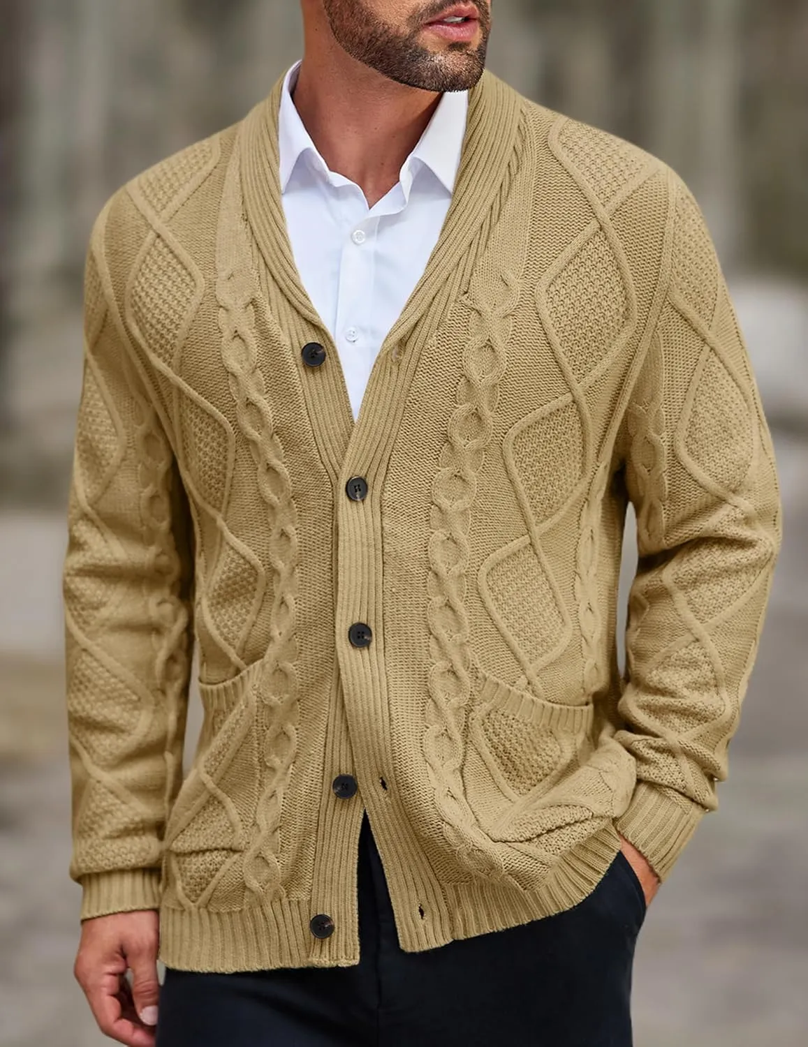 COOFANDY Mens Shawl Collar Cardigan Sweater Slim Fit Button Down Cable Knitted Sweater with Pockets