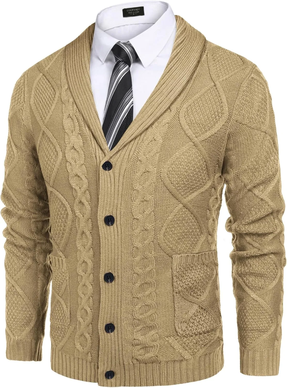 COOFANDY Mens Shawl Collar Cardigan Sweater Slim Fit Button Down Cable Knitted Sweater with Pockets
