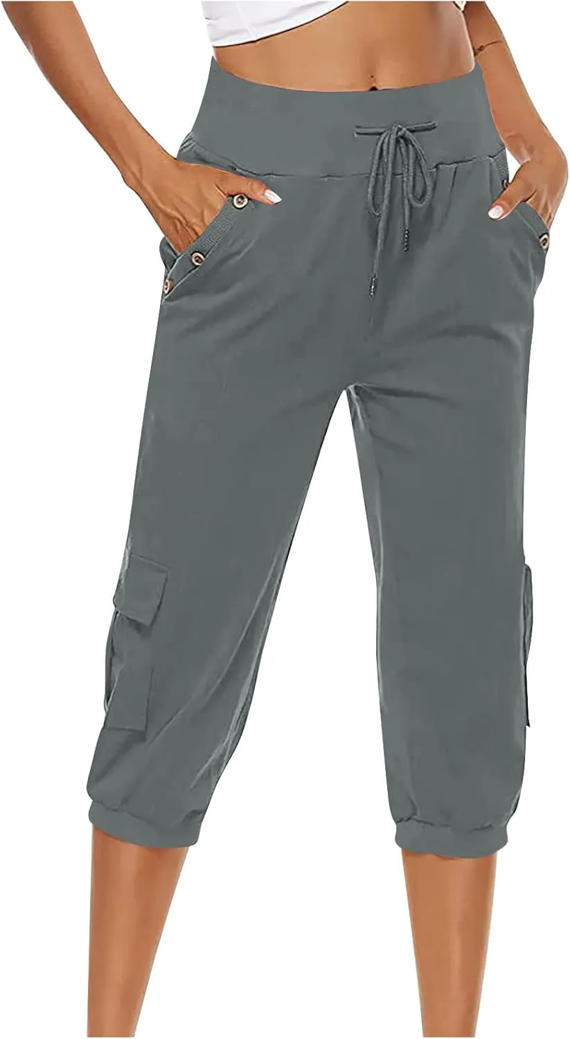 Cotton Linen Capri Women Casual Drawstring Elastic Waist Pants High Waisted Pants Summer Wide Leg Cropped Trousers