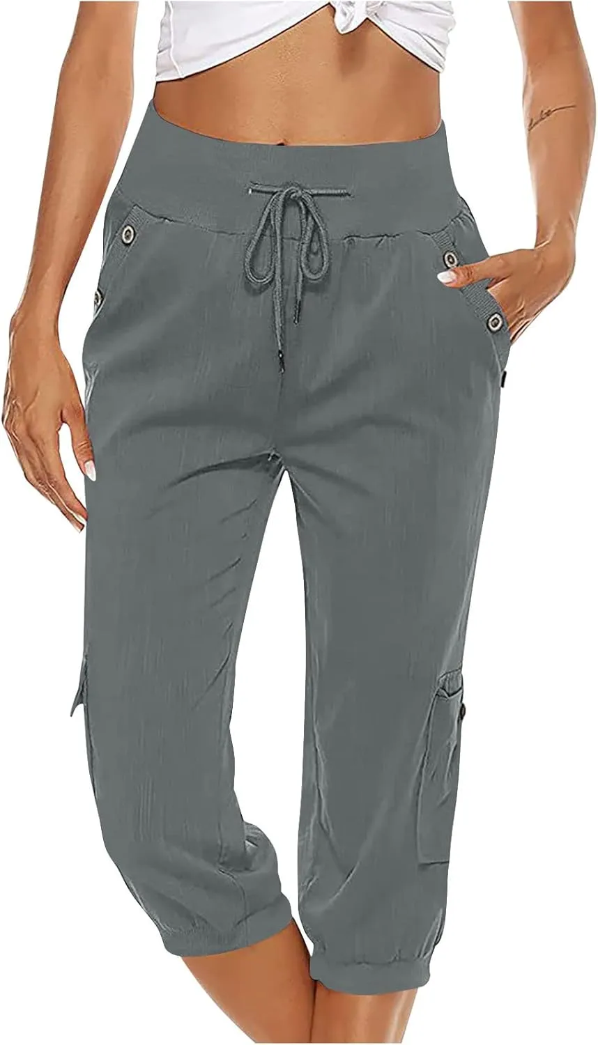 Cotton Linen Capri Women Casual Drawstring Elastic Waist Pants High Waisted Pants Summer Wide Leg Cropped Trousers