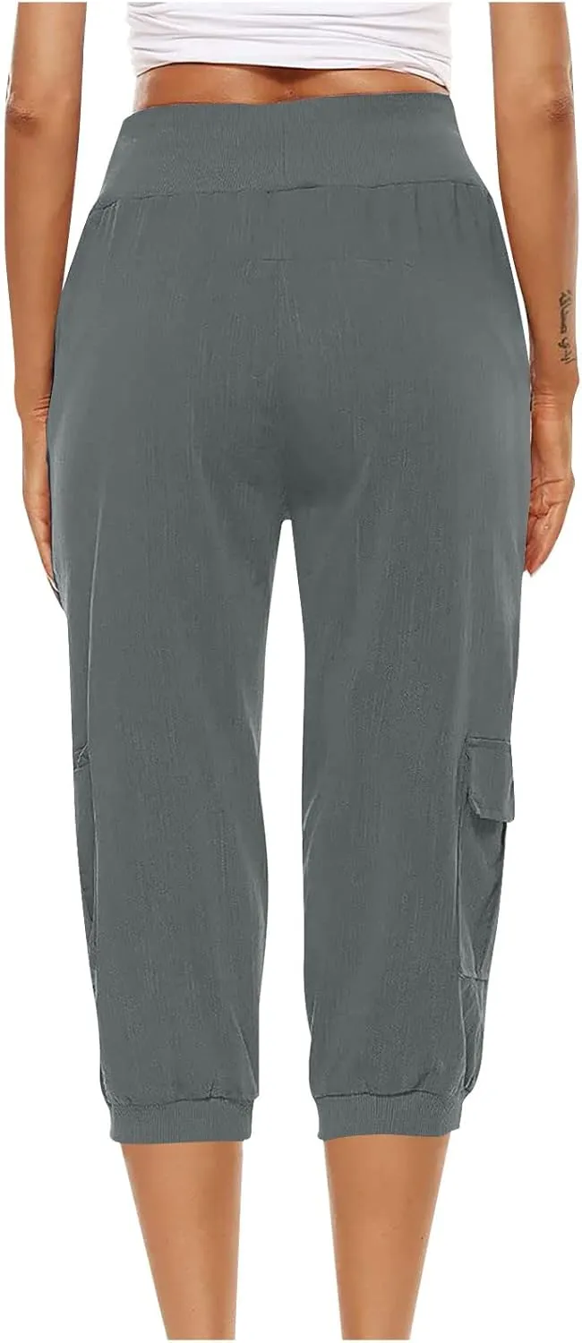 Cotton Linen Capri Women Casual Drawstring Elastic Waist Pants High Waisted Pants Summer Wide Leg Cropped Trousers