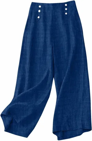 Cotton Linen Pant for Women Summer Casual Wide Leg High Waisted Trouser Drawstring Elastic Waist Pants with Pockets