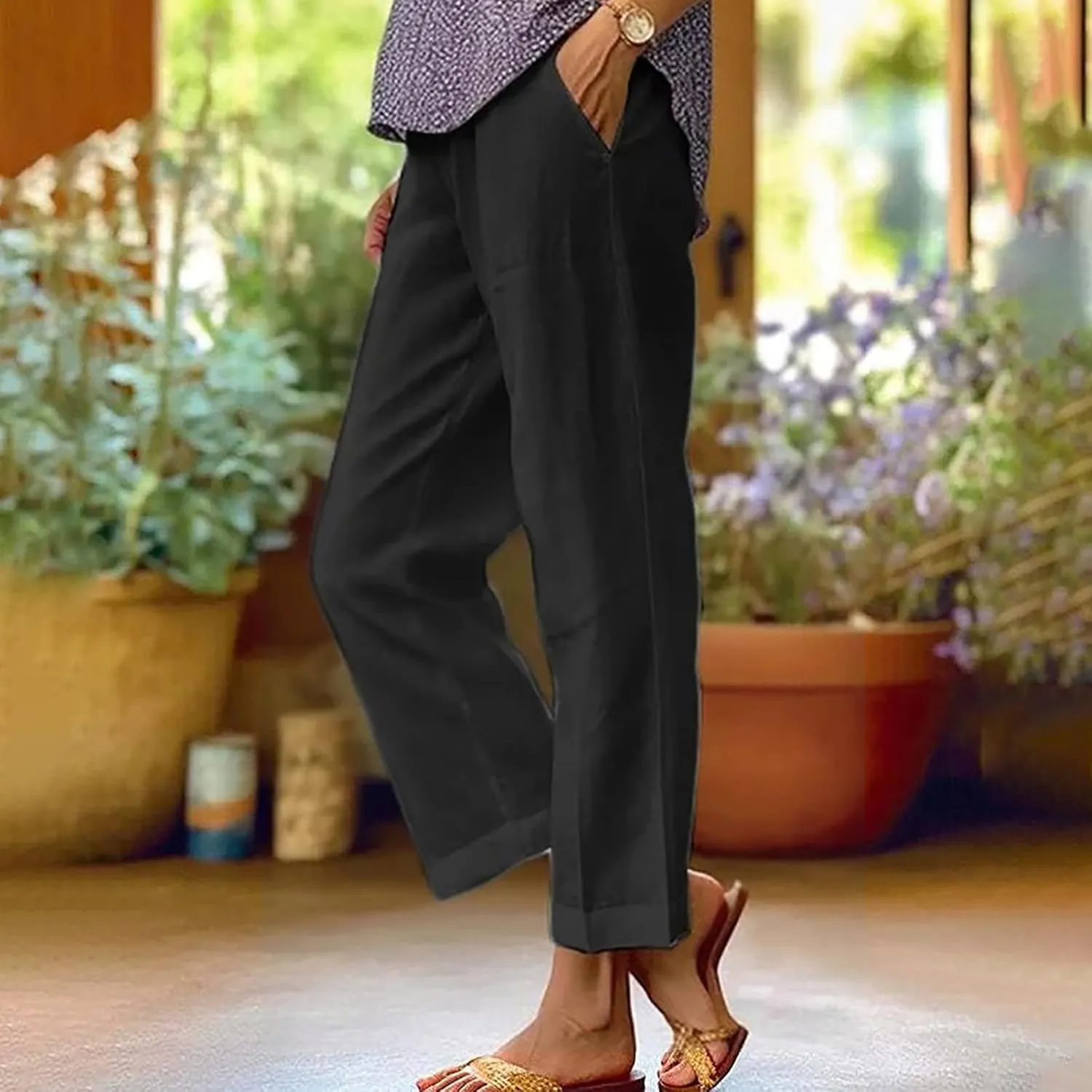 Cotton Linen Pants for Women Straight Leg Elastic Waist Pants Loose Fit Casual Trousers Plus Size Slack 2024 Fashion